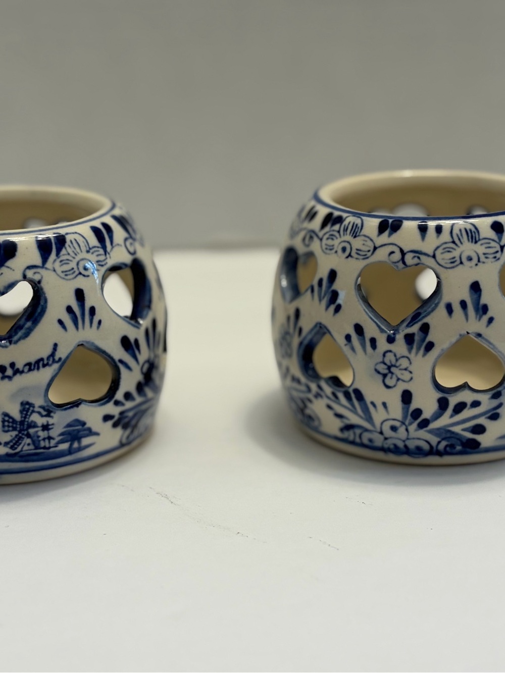 Blue & White Holland Windmill Ceramic Candle Votive Holders Cutout Hearts- set 2